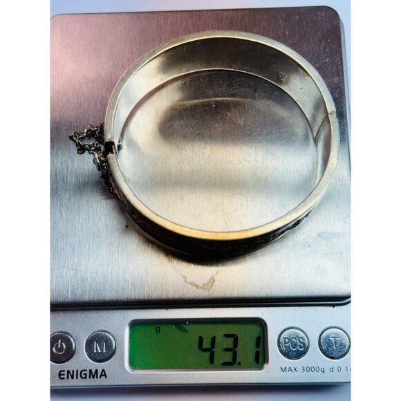 Vintage Topazio Mexico Sterling Silver Black Enamel Hinged Wide Cuff Bracelet - Picture 10 of 12